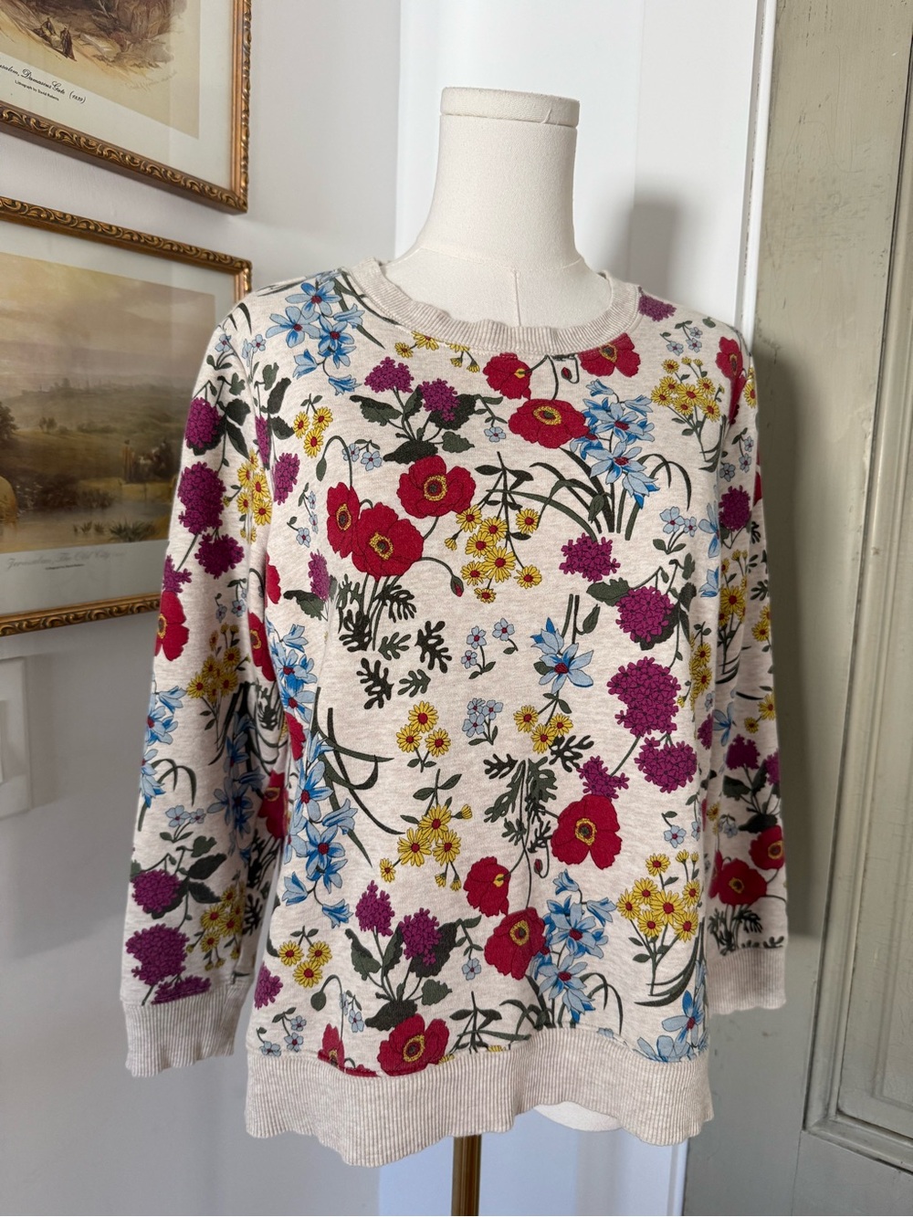 Floral Crewneck Sweater - Cream with Red & Purple Flowers - Picture 3 of 7